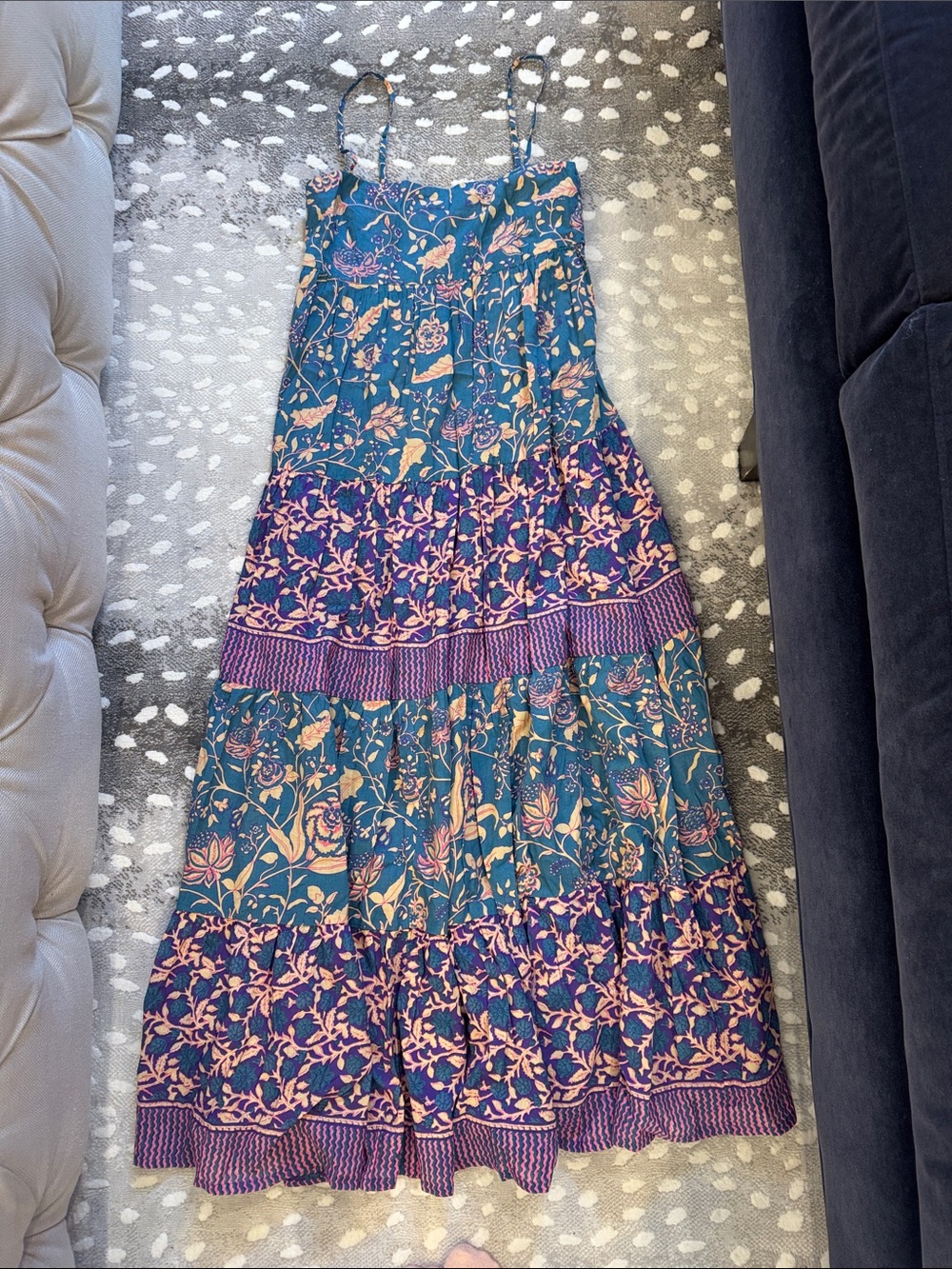 J. Crew Teal Floral Tiered Maxi Dress with Pink Accents